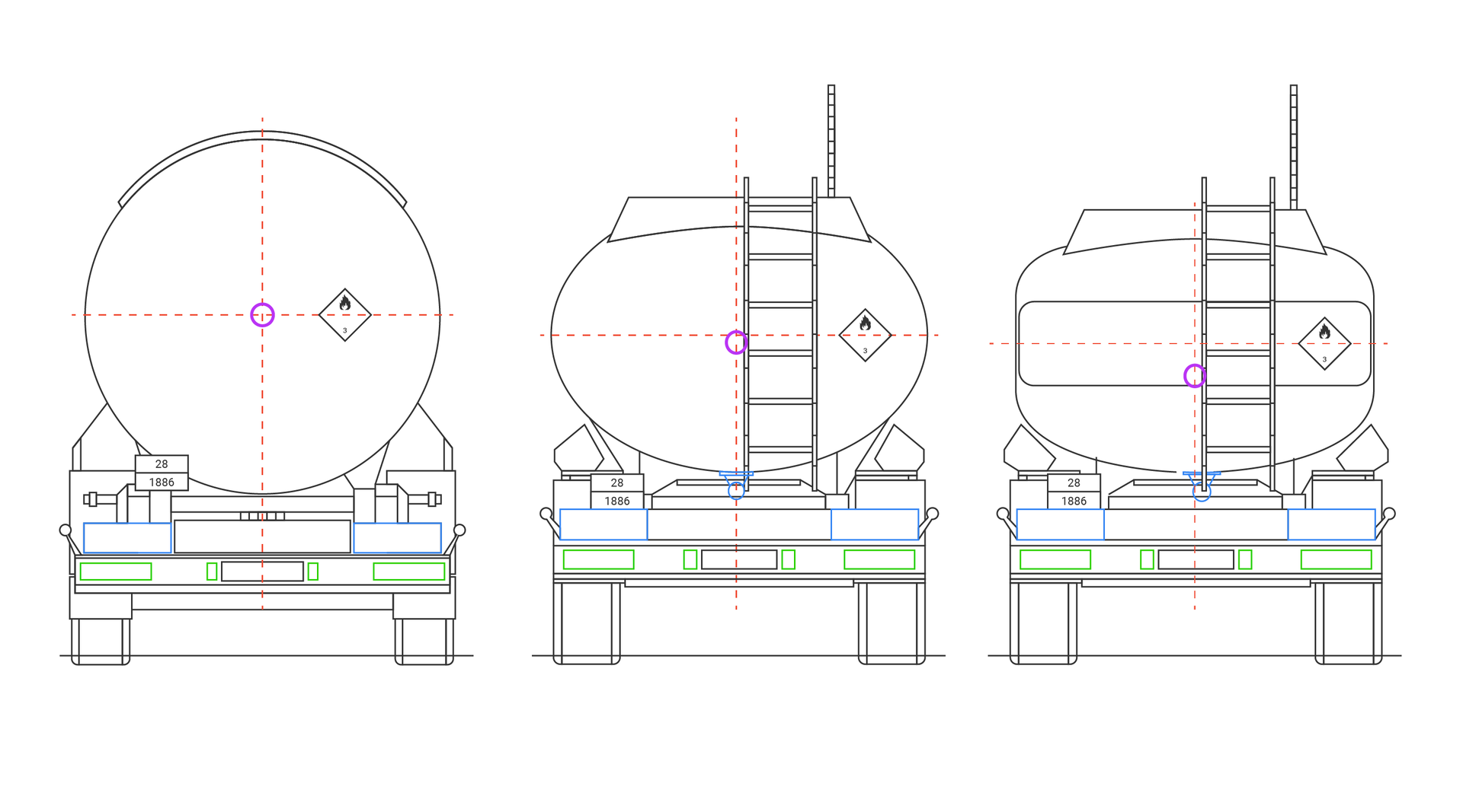 Na zdjęciu widoczne są trzy czarno – białe przekroje cystern pokazujące środki ciężkości. Przekroje są obrazują beczkę cysterny widzianą z tyłu. Przekrój po lewej stronie przedstawia cysternę eliptyczną. Środek ciężkości jest zaznaczony w centralnym punkcie beczki cysterny stanowiący punk środkowy okręgu.. Środkowy przekrój pokazuje cysternę cylindryczną. Środek ciężkości znajduje się nieznacznie poniżej przecięciem czerwonych linii prostych przerywanych. Punkt przecięcia znajduje się w miejscy przecięcia pionowej prostej wychodzącej z połowy długości beczki z poziomą prostą wychodząca z połowy długości beczki. Przekrój po prawej stronie przedstawia cysternę kufrową. Środek ciężkości znajduje się znacznie poniżej przecięcia czerwonych linii prostych przerywanych. Punkt przecięcia znajduje się w miejscy przecięcia pionowej prostej wychodzącej z połowy długości beczki z poziomą prostą wychodząca z połowy długości beczki.