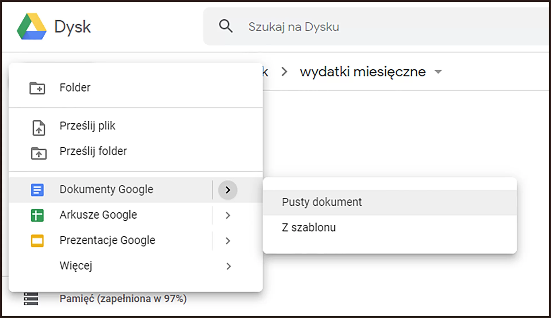Ilustracja przedstawiająca menu dostępne po kliknięciu przycisku nowy Nowy w aplikacji Dysk Google. Wybrano opcję Dokumenty Google, a następnie Pusty dokument.