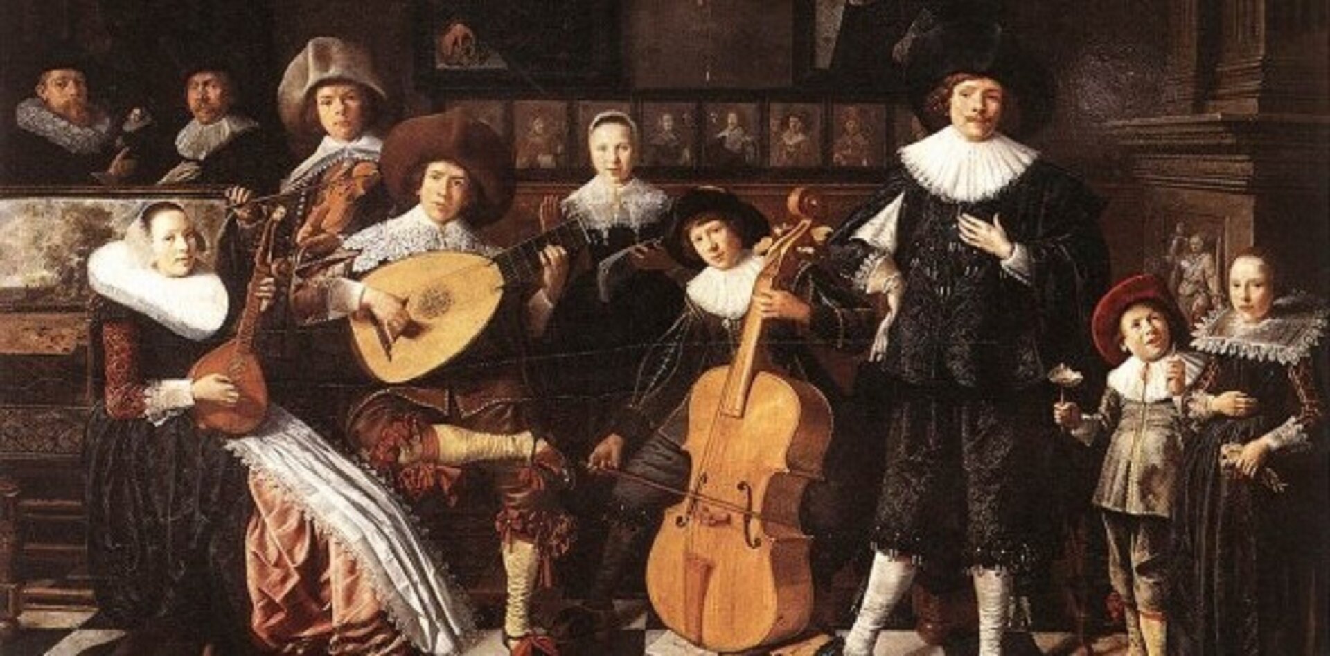 Ilustracja przedstawia dzieło Klaesa Moleanera „Muzyka baroku”. Jest o orkiestra z czasów baroku. Mężczyźni, kobiety oraz dzieci w strojach odpowiednich do epoki baroku, charakterystyczne dla nich są żaboty oraz czepki. Postaci grają na instrumentach.