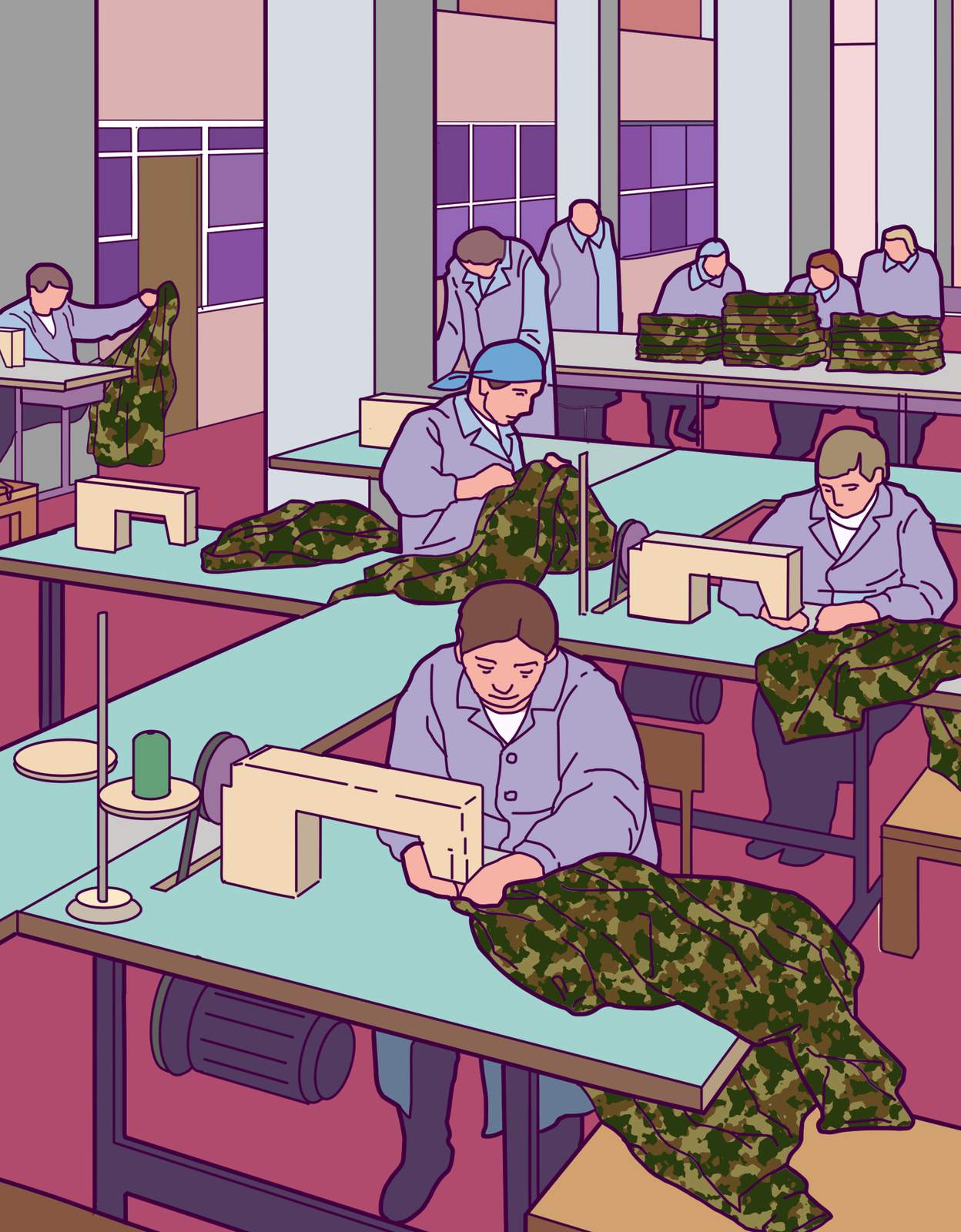 Kolorowa ilustracja przedstawia wnętrze zakładu produkcyjnego. W hali produkcyjnej ustawione są maszyny do szycia. Przy każdym stole z maszyną do szycia kobieta szyje mundury wojskowe. W głębi hali stół. Na stole ułożone w stos mundury.