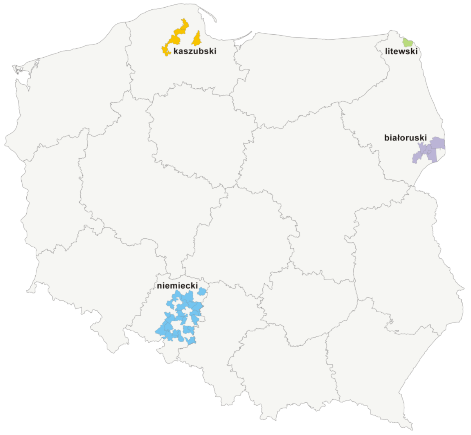 Kliknij żeby powiększyć Na ilustracji znajduje się mapa Polski z podziałem na województwa i wskazaniem języka pomocniczego w danym województwie.