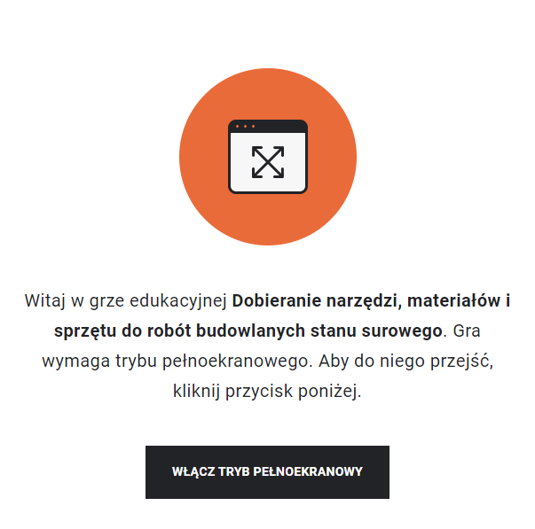 Zdjęcie przedstawia widok ekranu gry edukacyjnej. Znajduje się na niej tekst z tytułem gry oraz poleceniem, aby kliknąć przycisk "włącz tryb pełnoekranowy".