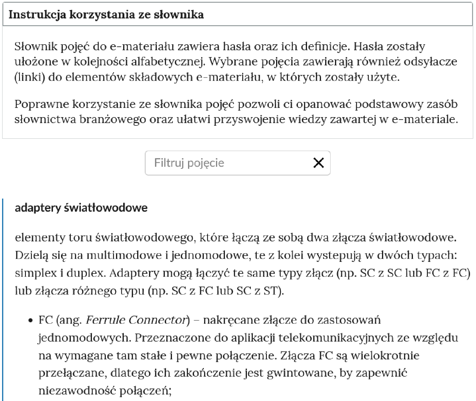 Ilustracja przedstawia widok na górną część słownika. Na górze znajduje się instrukcja obsługi słownika z polem do filtrowania haseł. Poniżej widoczne jest jedno z haseł słownika oraz jego definicja.