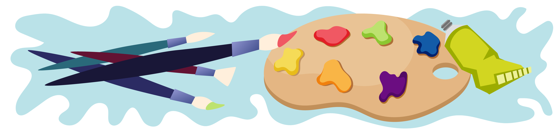 Ilustracja przedstawia przedmioty związane z malarstwem znajdujące się na jasnoturkusowym tle. Tło przypomina rozlaną farbę. Po lewej stronie znajdują się cztery pędzle. Dwa z nich są ubrudzone farbą. Po prawej stronie leży jasnobrązowa paleta z wyciśniętymi na nią kolorowymi farbami. Na prawo od palety leży otwarta jasnozielona tubka farby.