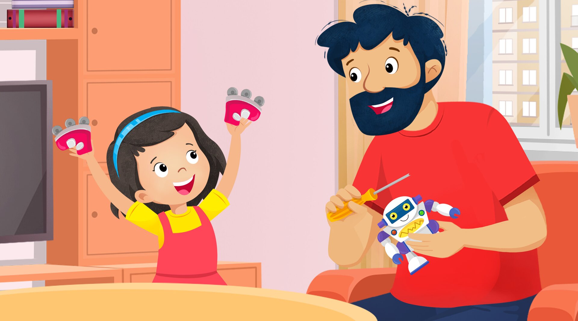 Ilustracja przedstawia roześmianą dziewczynkę o imieniu Lea, która trzyma w rękach wrotki, oraz jej tatę, który naprawia robota.