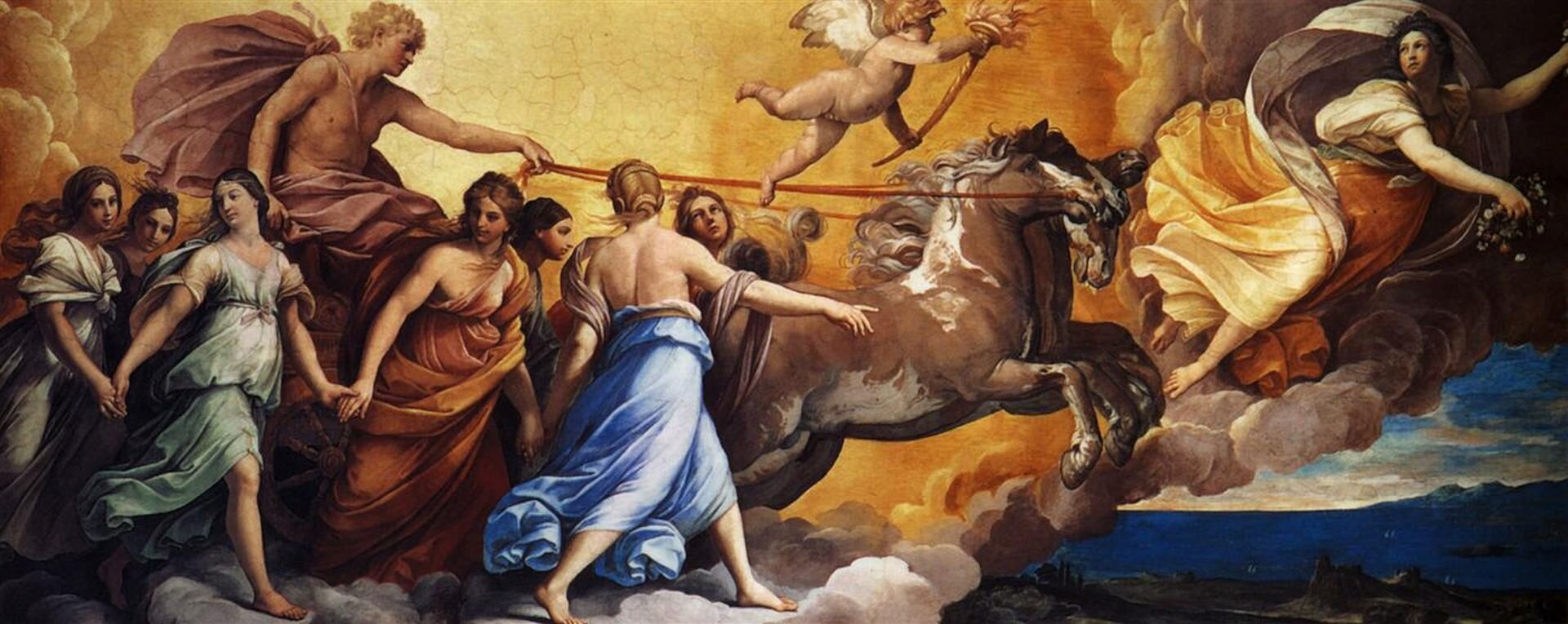 Ilustracja dzieła Guido Reni pt. „Aurora”. Scena przedstawia tłum ludzi szykujący się do lotu po niebie. Postacie znajdują się na dużej chmurze. W centrum obrazu widoczna jest półnaga kobieta ubrana w długą niebieską suknię, która wskazuje kierunek lotu mężczyźnie w rydwanie. Obok znajdują się kobiety, które towarzyszą jeźdźcy. W tle widoczny  jest amorek z pochodnią. 