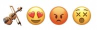 Grafika przedstawia trzy emoji. Są to skrzypce. Buźka z serduszkami zamiast oczu. Zdenerwowana buźka. Buźka z iksami zamiast oczu.