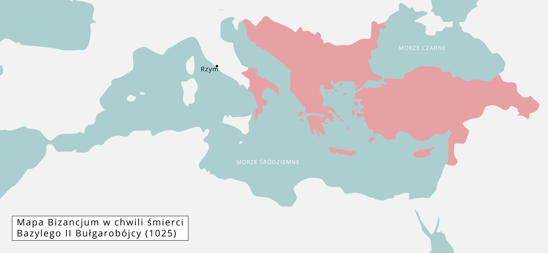 Ilustracja przedstawia mapę Bizancjum w chwili śmierci Bazylego II Bułgarobójcy w 1025 roku. Teren pomiędzy północno- wschodnią częścią Morza Śródziemnego a południowo‑zachodnią Morza Czarnego. Był to teren dzisiejszej Turcji, Bułgarii, Macedonii, Grecji, Albanii, Czarnogóry, Bośni i Hercegowiny oraz Chorwacji.