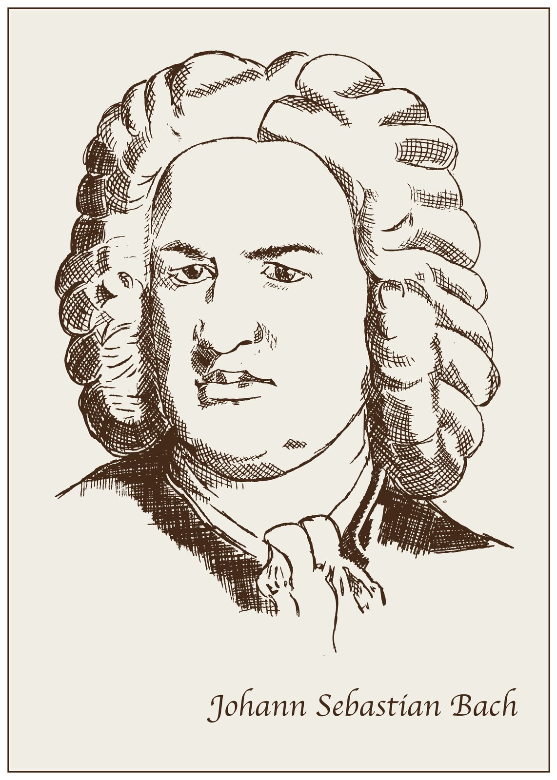 Ilustracja przedstawia portret rysunkowy Jana Sebastiana Bacha. Jest on czarno-biały i uproszczony. Kompozytor ma na głowie perukę o długich, kręconych włosach. Na dole widnieje napis Johann Sebastian Bach.