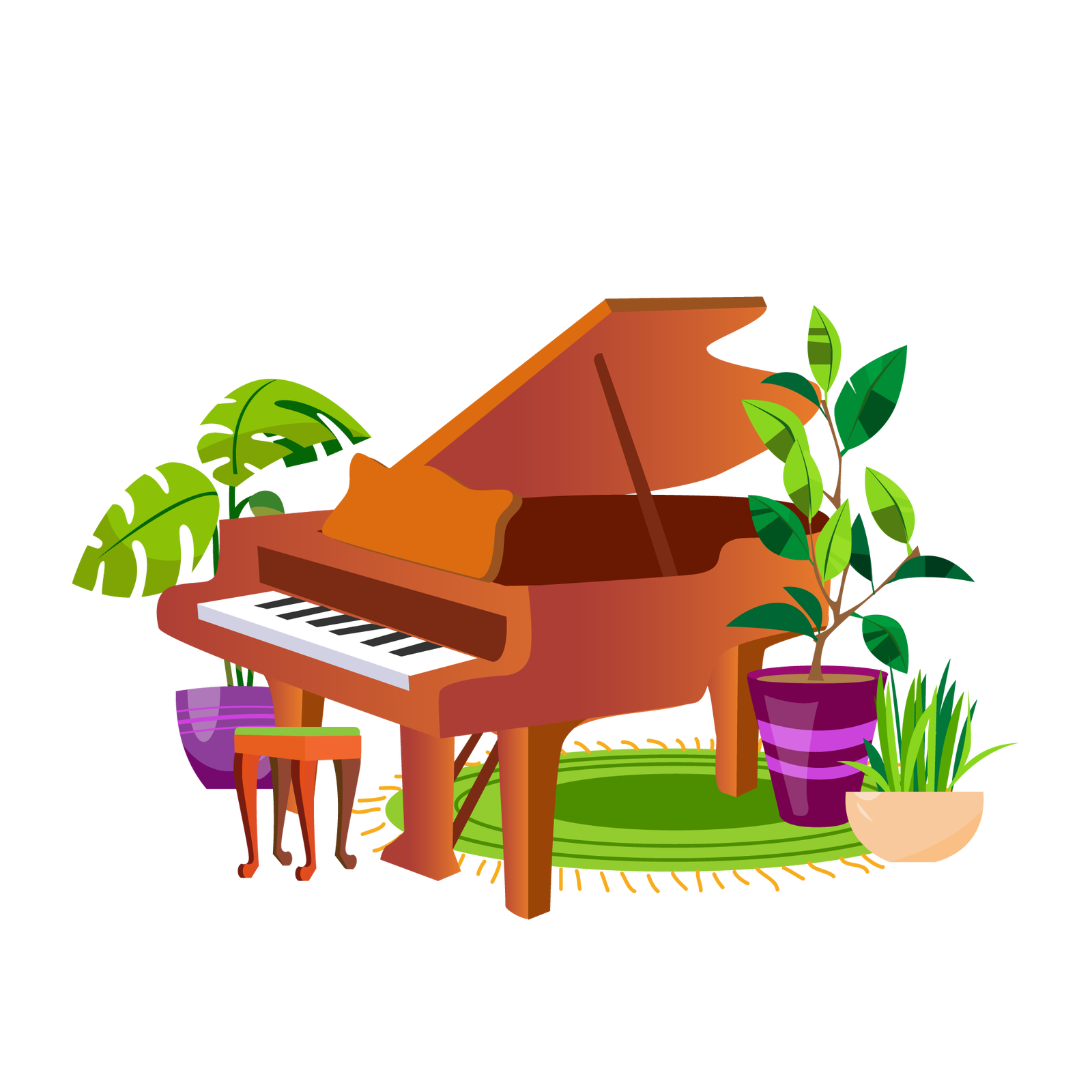Ilustracja przedstawia fragment pomieszczenia, w którym stoi duże brązowe pianino z zielono‑brązowym krzesełkiem. Pod pianinem leży okrągły jasnozielony dywan z pomarańczowymi frędzlami, a dookoła stoją trzy zielone rośliny w donicach. Dwie donice są fioletowe, a jedna jest beżowa.