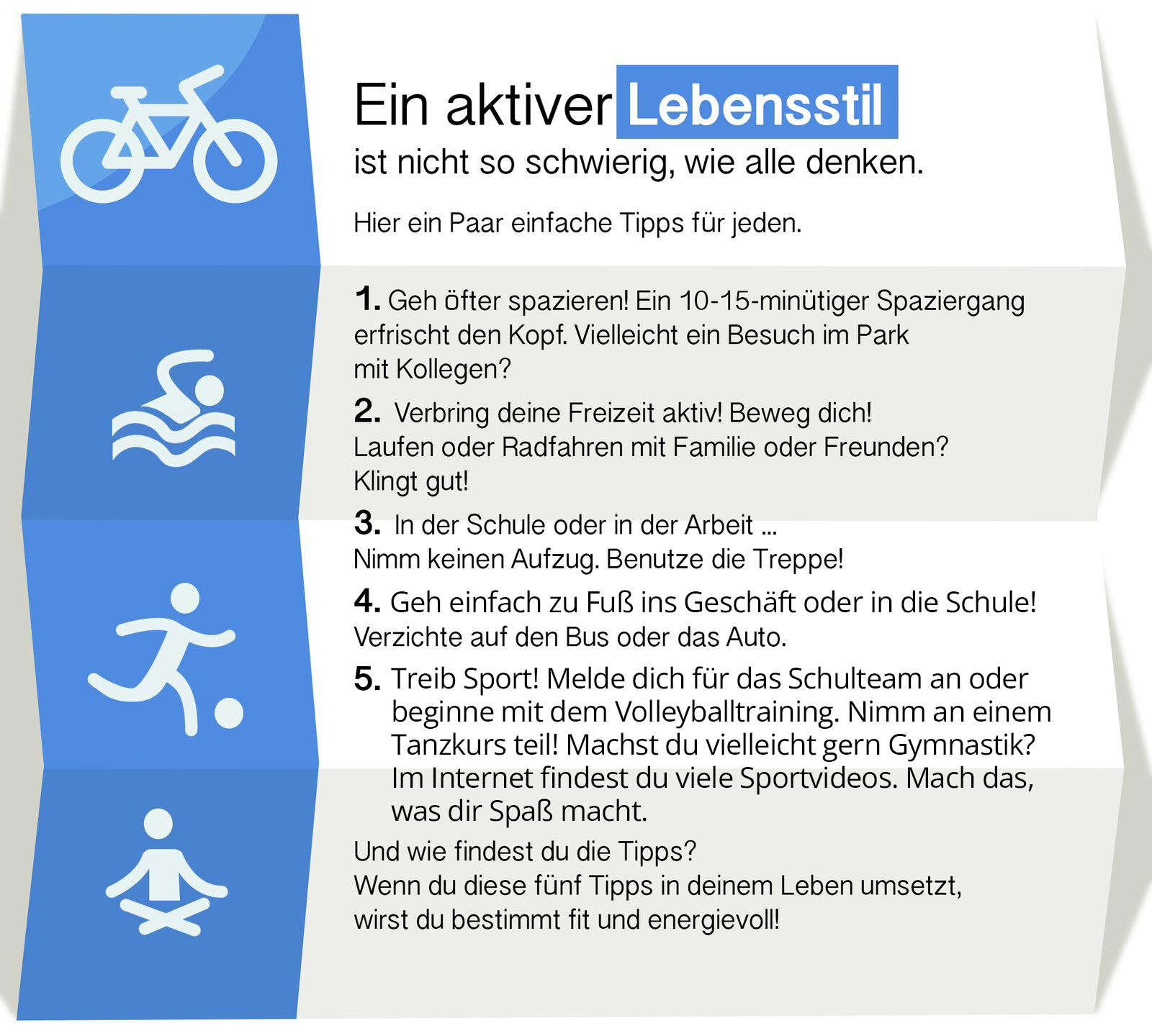 Ilustracja przedstawia wskazówki. Obok tekstu widoczne są ikony przedstawiające rower, pływanie, grę w piłkę i medytację. Transkrypcja tekstu dostępna jest poniżej.
