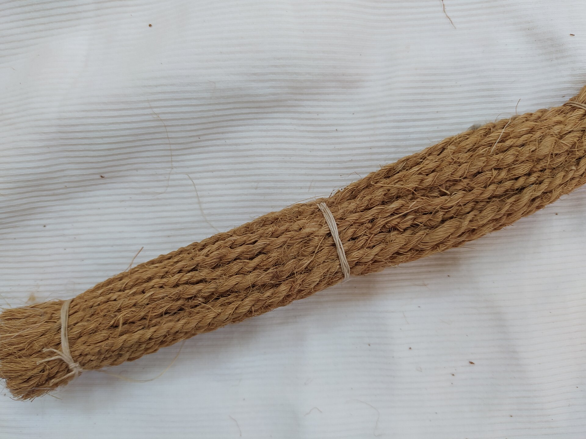 Zdjęcie przedstawia wiele lin skręconych z brązowego włókna. Liny są złączone ze sobą, tworząc grubszą linę, związaną w dwóch miejscach sznurkiem.