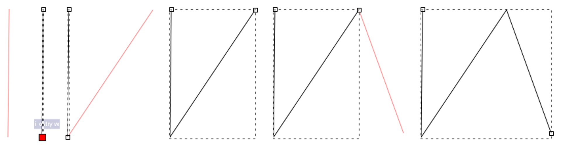 Ilustracja przedstawia proces łączenia odcinków. W pierwszym etapie widoczny jest czerwony pionowy odcinek, następnie zostaje on zaznaczony, a jego dolny koniec jest zaznaczony kolorem czerwonym, następnie pojawia się odcinek ukośny wychodzący z dolnego końca pierwszego odcinka. Dalej widoczny jest rezultat, czyli dwa połączone ze sobą odcinki. Następnie z górnego końca ukośnego odcinka biegnie kolejny ukośny odcinek w dół, który został zaznaczony na kolor czerwony. Na końcu pokazana została krzywa łamana składająca się z trzech odcinków, jednego pionowego i dwóch ukośnych.