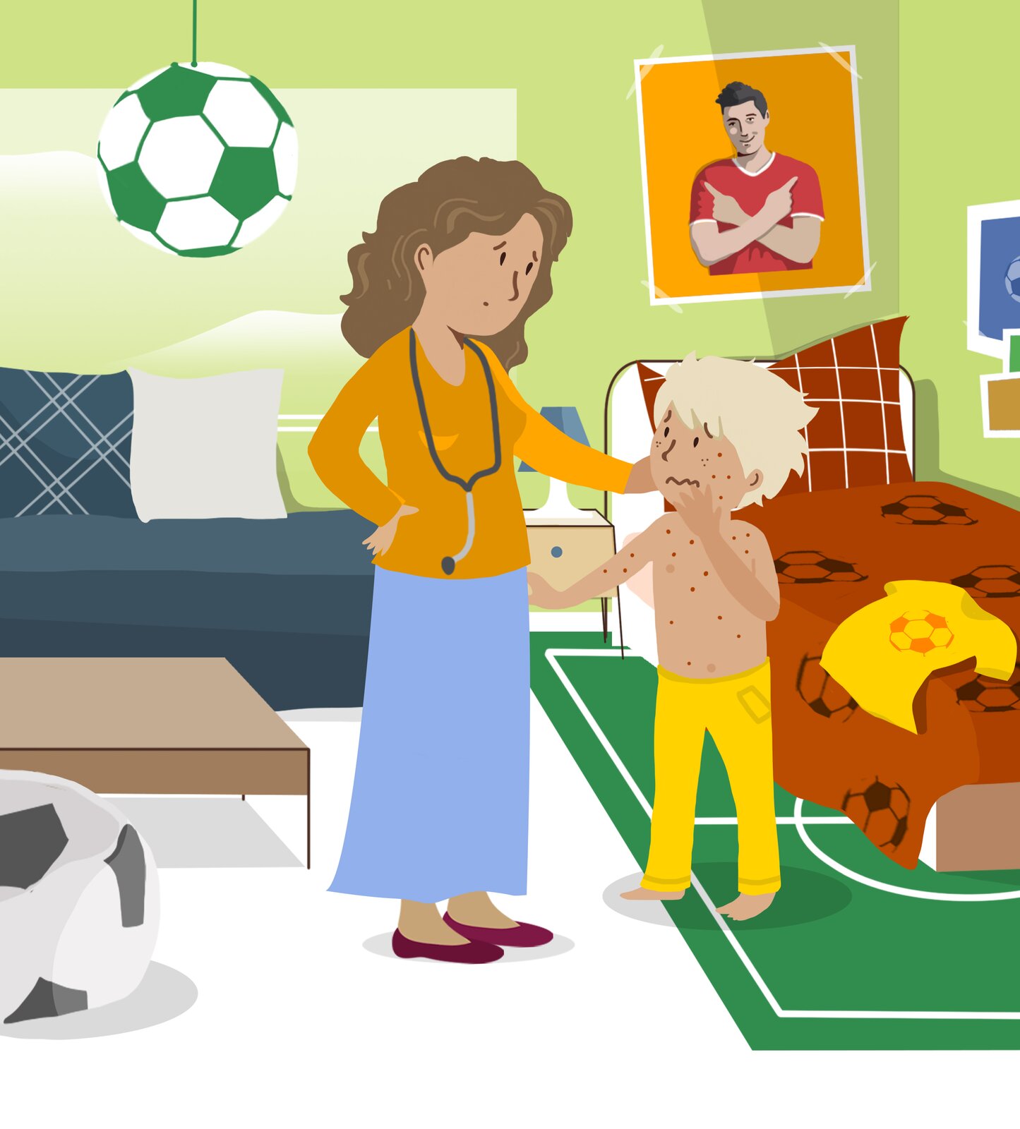 Ilustracja przedstawia pokój chłopięcy. Mama ze stetoskopem na szyi bada chłopca. Całe ciało chłopca pokryte jest wysypką.