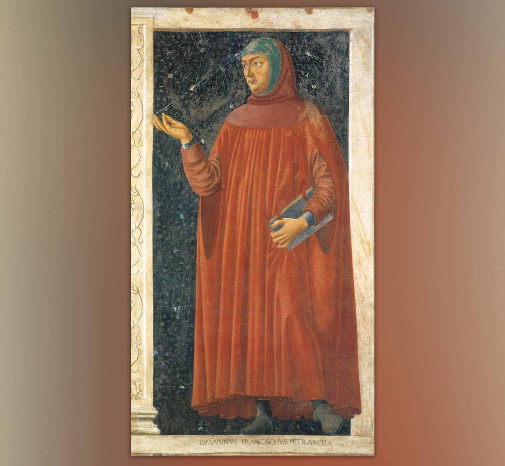 Obraz przedstawiający Francesco Petrarca. Mężczyzna nosi długą czeroną szatę, a w dłoni trzyma księgę.