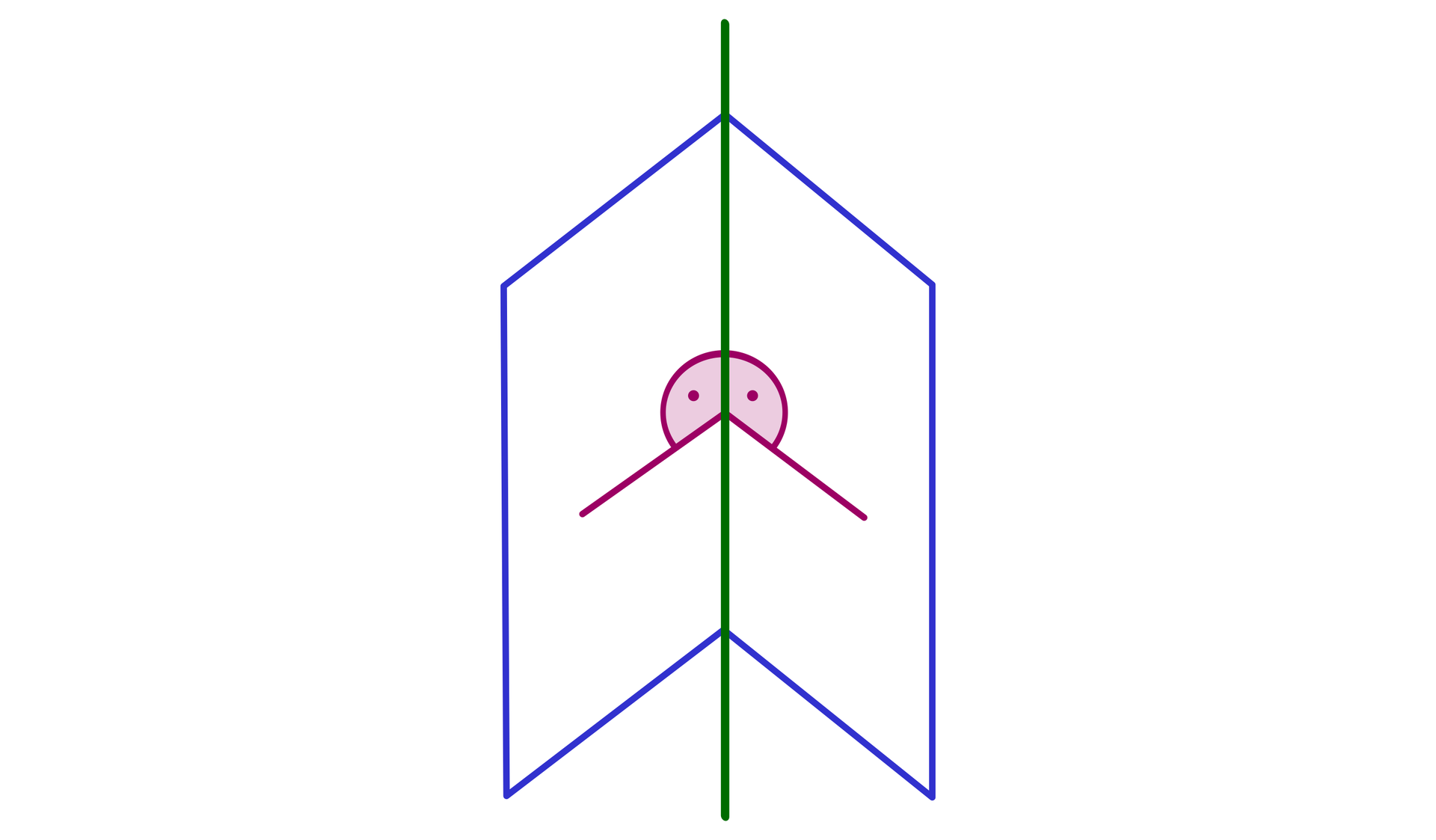 Ilustracja przedstawia kąt dwuścienny utworzony przez dwie półpłaszczyzny, które mają wspólną krawędź. Od krawędzi poprowadzone są dwie półproste, każda prostopadła do tejże krawędzi i mająca początek w tym samym punkcie. Kąty 90 stopni zaznaczono na obu płaszczyznach. Pomiędzy dwiema półprostymi znajduje się kąt będący miarą liniową kąta dwuściennego.