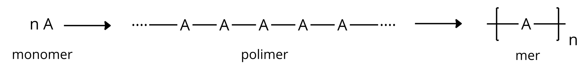 Ilustracja przedstawia schemat reakcji polimeryzacji: n moli cząsteczek monomeru A ulega reakcji polimeryzacji, tworząc długi łańcuch złożony z merów A, połączonych liniowo. Jest to polimer. Inny zapis wzoru polimeru wykorzystuje nawiasy kwadratowe. Wewnątrz nawiasu znajduje się monomer A, który posiada wiązania pojedyncze wychodzące poza nawiasy. W indeksie dolnym względem nawiasu umieszczono literę n, oznaczającą, że mer w cząsteczce powtarza się n razy.