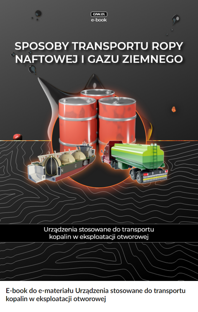 Na zdjęciu przedstawiona jest przykładowa okładka materiału.W górnej części okładki znajduje się przykładowy tytuł brzmiący: Sposoby transportu ropy naftowej i gazu ziemnego.Poniżej tytułu znajduje się grafika przedstawiająca po lewej stronie zbiornikowiec LNG, a po prawej cysternę do przewozu paliw płynnych o przekroju kufrowym. Za nimi widoczne są trzy wielkie metalowe zbiorniki magazynowe o cylindrycznym kształcie i czerwonym kolorze. W tle wszystkich tych obiektów umieszczono wielką czarną kroplę rozmytą na kształt kleksa z atramentu. Grafika znajduje się w okrągłej wielokorowej ramce o barwach pomarańczowo‑żółtych. W górnej części okładki widoczne jest czarne tło.W dolnej części okładki na czarnym tle widoczne są szare wzorki przypominające poziomice, które są umieszczane na mapie sytuacyjno‑wysokościowej.Na dole okładki znajduje się czarny prostokąt z białym napisem brzmiącym: Urządzenia stosowane do transportu kopalin w eksploatacji otworowej.