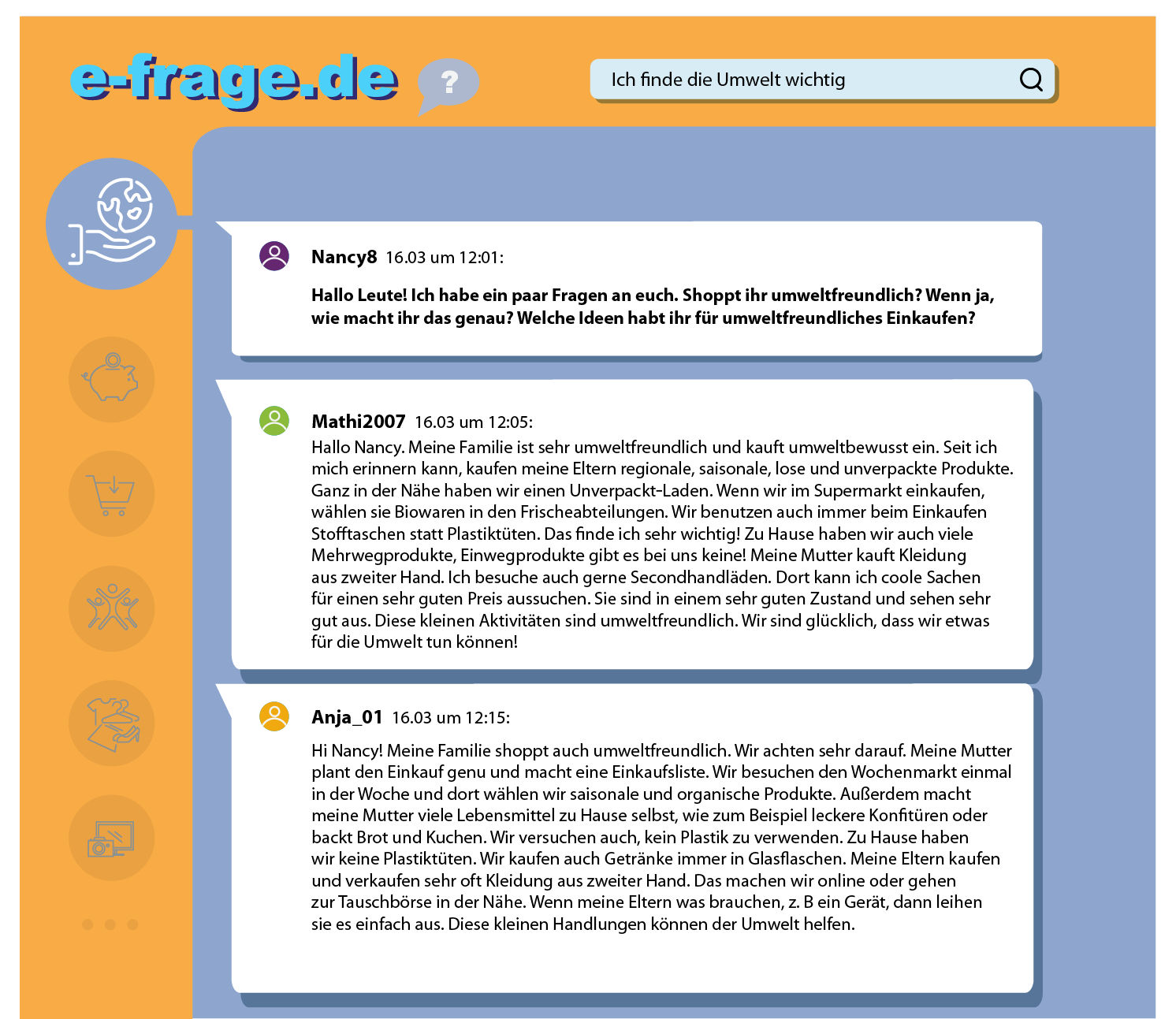  Ilustracja przedstawia wpisy na forum internetowym trojga użytkowników, korzystających z następujących pseudonimów:   Nancy8, Mathi2007, Anja_01.Transkrypcja jest dostępna poniżej.