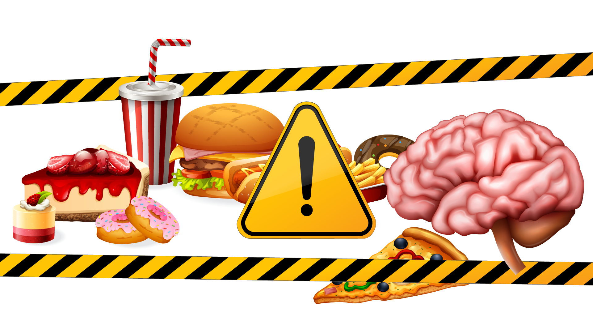 Grafika po lewej stronie przedstawia różne produkty spożywcze: tort, pączki, czerwono‑biały kubek jednorazowy ze słomką na napój, hamburger, hot‑dog, frytki, kawałek pizzy, a po prawej stronie ludzki mózg. Pośrodku został nałożony na jedzenie znak ostrzegawczy – żółty trójkąt z czarnym wykrzyknikiem. Powyżej i poniżej widoczne są taśmy ostrzegawcze w żółto‑czarne skośne pasy.