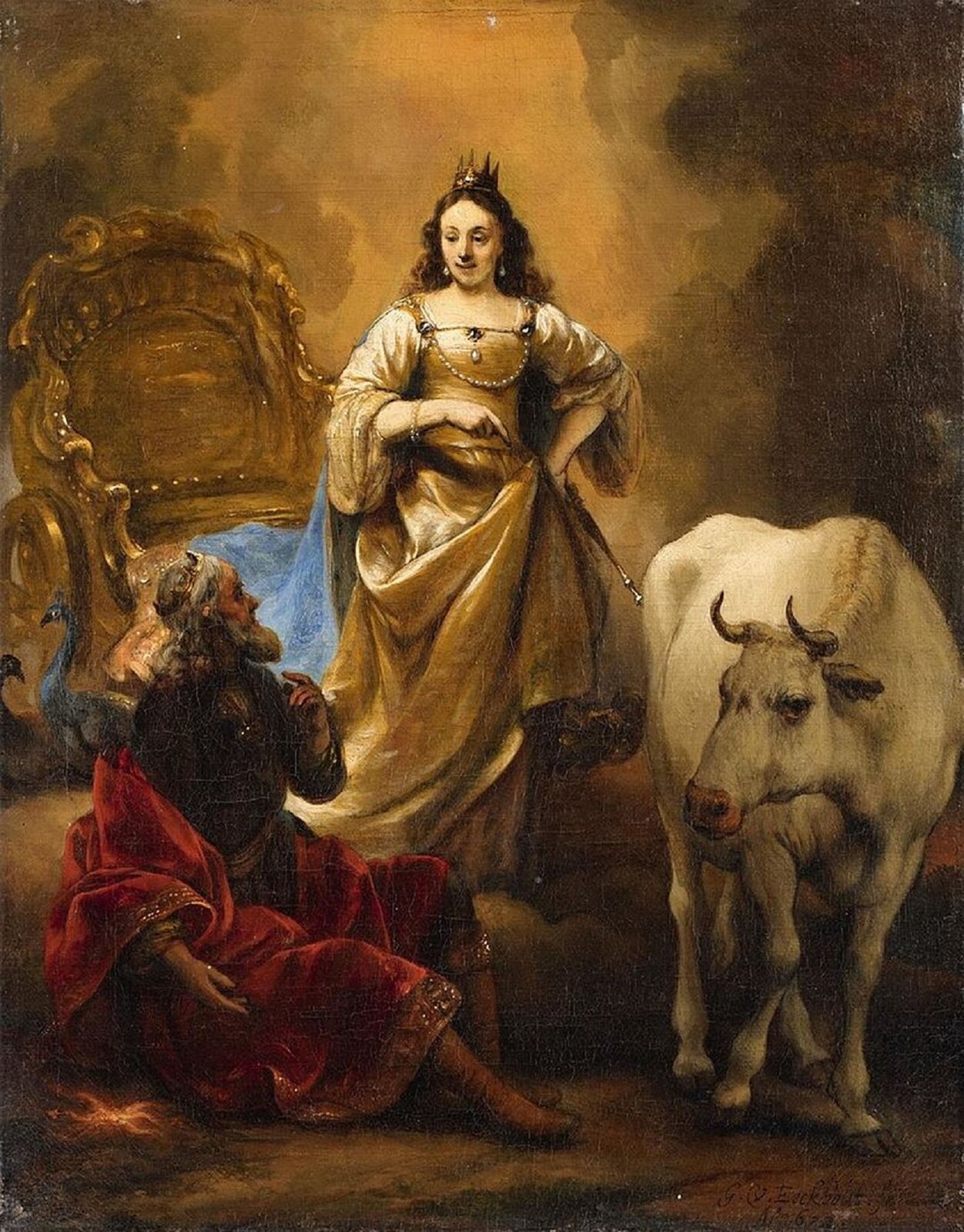 Ilustracja przedstawia obraz „Zeus, Hera i Io” autorstwa Gerbranda van den Eeckhouta. Obraz ukazuje bogato ubraną kobietę w koronie na głowie, leżącego u jej stóp mężczyznę oraz cielę o białej sierści.