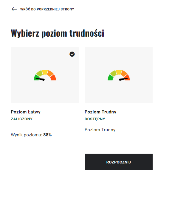 Przykładowy ekran wyboru stopnia trudności w grze. Na samej górze strzałka skierowana w lewo i napis "wróć do poprzedniej strony". Poniżej można wybrać jeden z dwóch poziomów trudności - łatwy lub trudny. Następnie należy kliknąć w czarny przycisk "rozpocznij".
