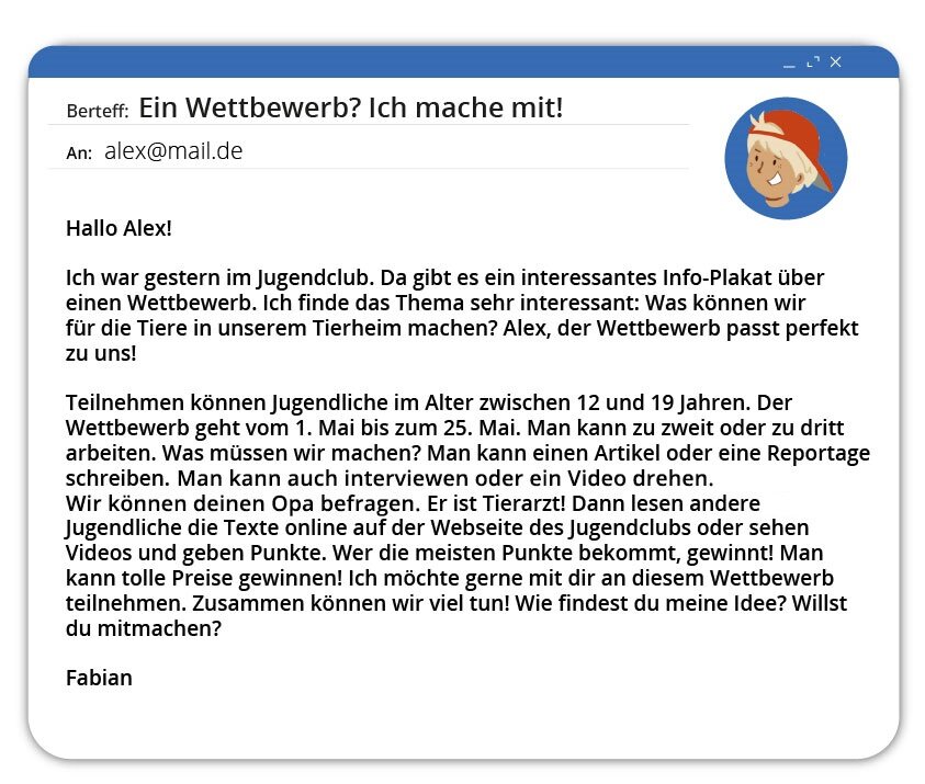 Ilustracja przedstawia interfejs poczty elektronicznej, gdzie widoczne jest okno z treścią wiadomości pt.   Ein Wettbewerb? Ich mache mit.  Tekst dostępny w transkrypcji poniżej.