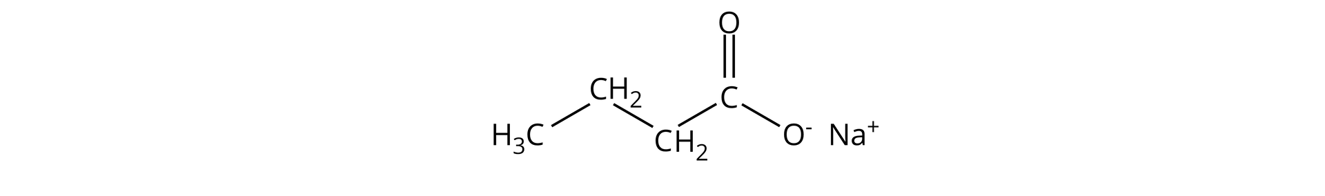 Ilustracja przedstawiająca butanian sodu o strukturze grupa CH3 związana z grupą CH2, która to łączy się z kolejną grupą CH2, a ta z atomem węgla połączonym za pomocą wiązania podwójnego z atomem tlenu oraz za pomocą wiązania pojedynczego z atomem tlenu obdarzonym ładunkiem ujemnym, który kompensowany jest przez kation sodowy.