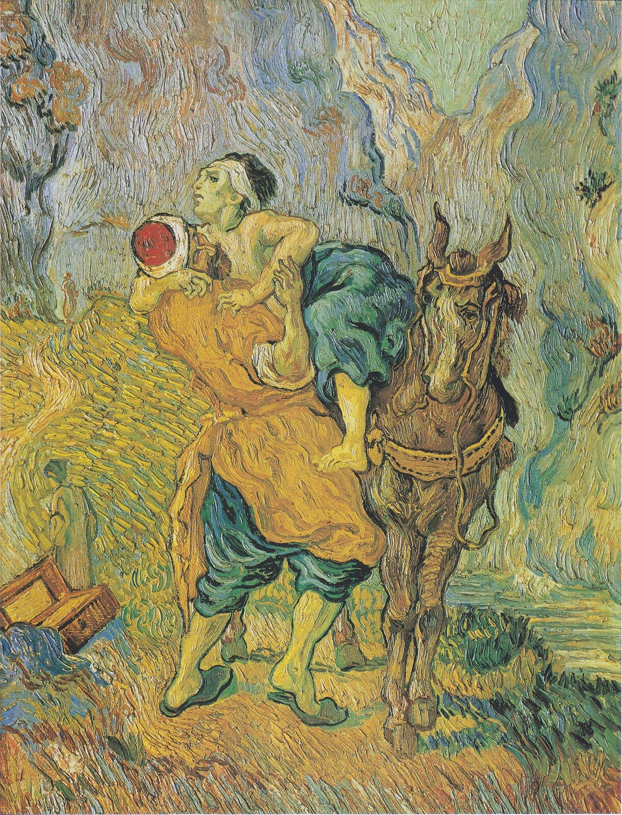Obraz przedstawia drogę pośród pól. Na pierwszym planie znajduje się mężczyzna, który wsadza na konia półnagiego mężczyznę. Ten jest słaby, opiera się o podsadzającego. W oddali, z lewej strony znajdują się tyłem do widza dwaj idący mężczyźni.
