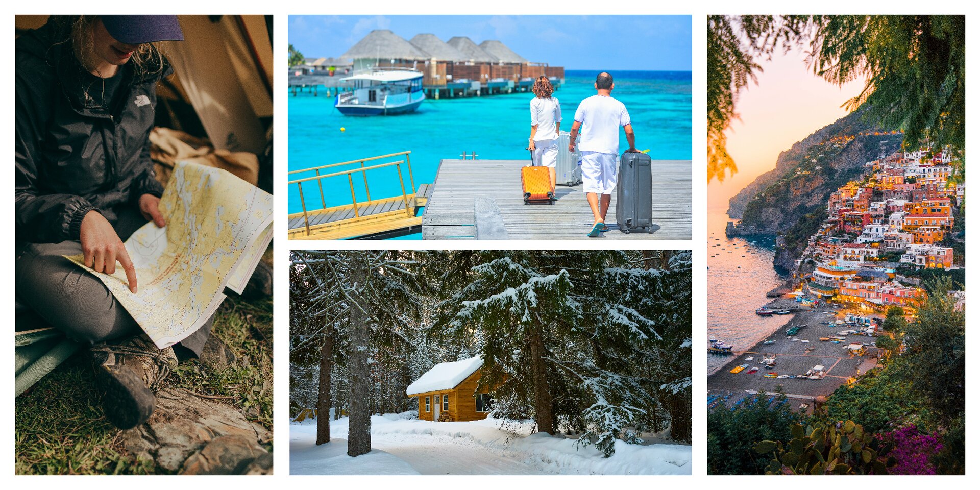 Grafika składa się z czterech zdjęć. Na pierwszym jest siedząca osoba patrząca na mapę, na drugim kobieta i mężczyzna idą pomostem w stronę oceanu z walizkami, na trzecim zdjęciu jest domek w środku lasu zasypany śniegiem a na czwartym zdjęcie miasta na zboczu skały.