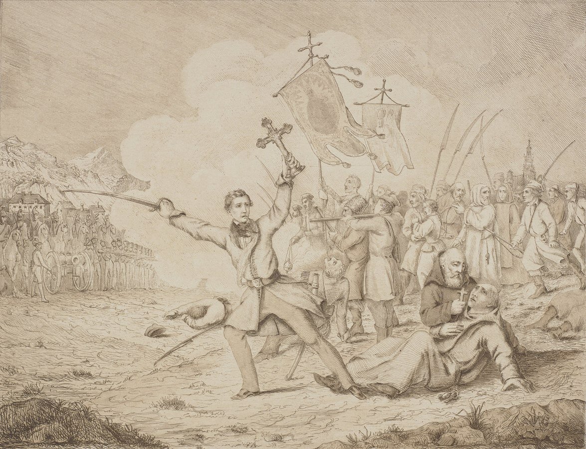 Ilustracja przedstawia grupę ludzi, na czele których idzie mężczyzna trzymający szablę i krzyż. Na ziemi leży duchowny, którego podtrzymuje drugi duchowny. Na ziemi leżą też ranni. Grupa ludzi niesie wizerunek Matki Boskiej. Część trzyma szable. Naprzeciwko stoją uzbrojeni żołnierze na koniach, mają armatę.