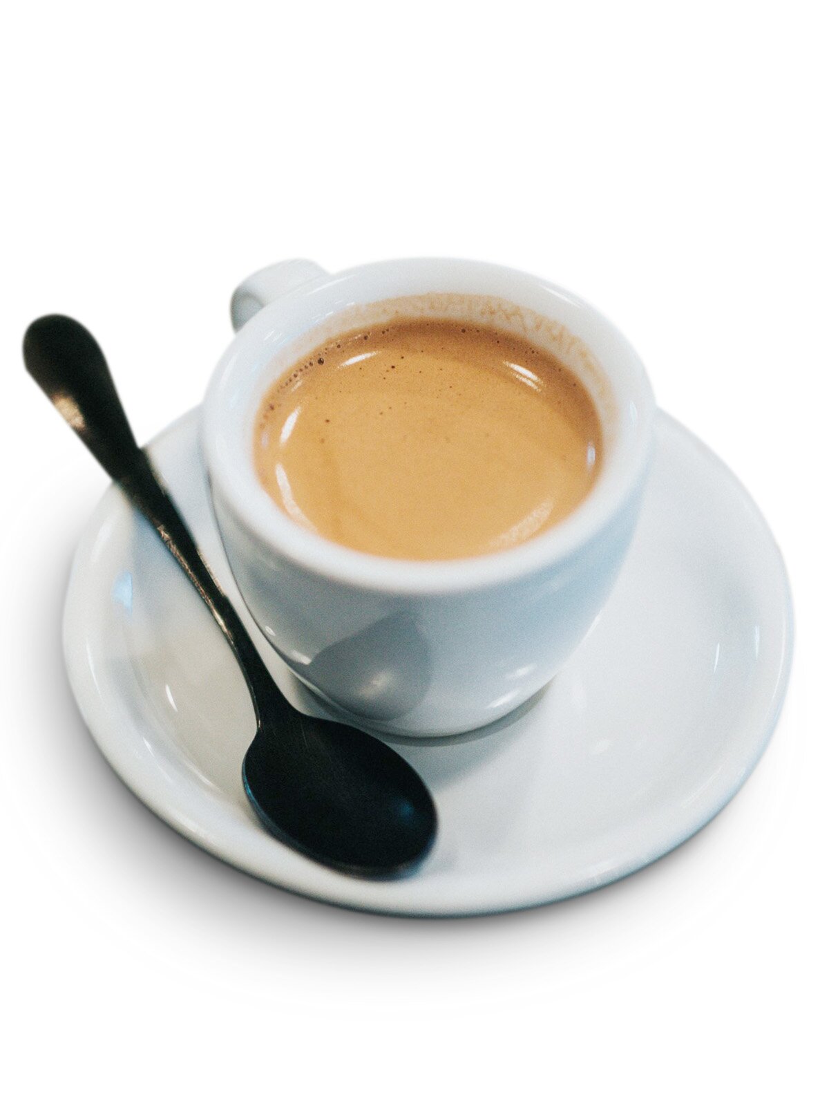 Ilustracja przedstawiająca kawę w białej filiżance oraz srebrną łyżeczkę.