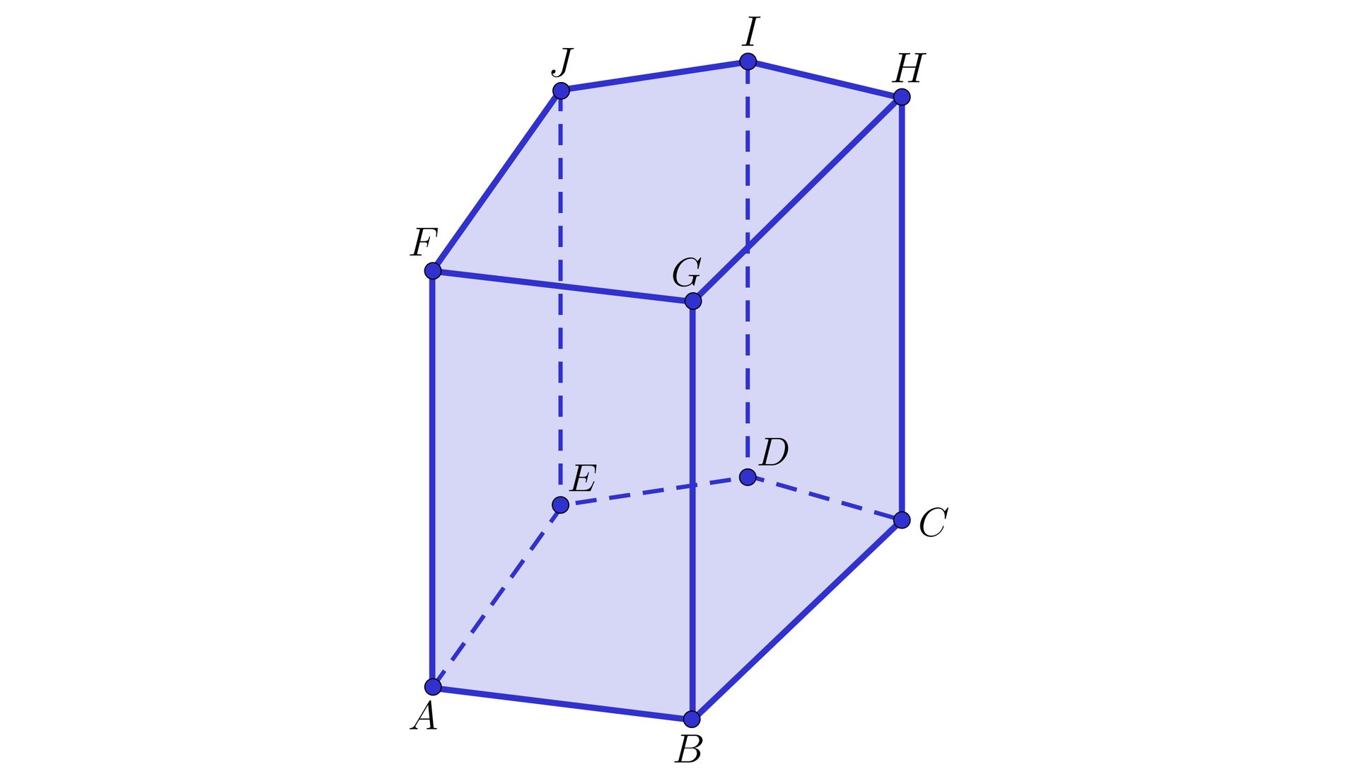 Ilustracja przedstawia pięciokąt o wierzchołkach A B C D E F G H I J.