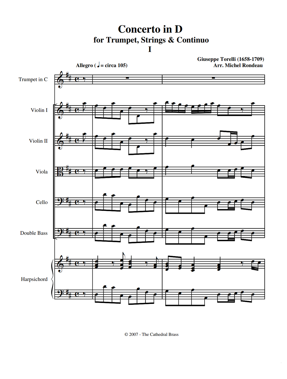 Grafika przedstawia partyturę ‘Koncertu D‑dur na trąbkę’ autorstwa Giuseppe Torelliego [czytaj: dżjuseppe toreliego]. Utwór jest napisany w metrum cztery czwarte, w tonacji D‑dur. Tempo utworu to allegro, z dodatkowym oznaczeniem około stu pięciu ćwierćnut na minutę. Fragment partytury ma sześć stron, z zapisanymi partiami trąbki w C, pierwszych skrzypiec, drugich skrzypiec, altówki, wiolonczeli, kontrabasu oraz klawesynu. Na pierwszej stronie w partii trąbki zapisane są wyłącznie pauzy: pauza ósemkowa w przedtakcie, pauzy całonutowe w taktach pierwszym oraz drugim. W partii pierwszych skrzypiec w przedtakcie zapisano ósemkę a. W pierwszym takcie na pierwszą miarę grane są ósemki fis oraz d, na drugą miarę dwie ósemki a (z czego druga o oktawę niżej od pierwszej), na trzecią miarę dwie ósemki d (z czego druga o oktawę niżej od pierwszej). Na czwartą miarę zapisano pauzę ósemkową, a następnie ósemkę a. W drugim takcie na pierwszą miarę zapisano cztery ósemki: kolejno h, a, g oraz fis. Na drugą miarę również wykonywane są cztery ósemki: e, fis, g oraz a. Na miarę trzecią zapisano dwie ósemki: fis oraz d, a na miarę czwartą pauzę ósemkową oraz ósemkę a. W partii drugich skrzypiec w przedtakcie zapisano ósemkę a. W pierwszym takcie na pierwszą miarę grane są ósemki fis oraz d, na drugą miarę dwie ósemki a (z czego druga o oktawę niżej od pierwszej), na trzecią miarę dwie ósemki d (z czego druga o oktawę niżej od pierwszej). Na czwartą miarę zapisano pauzę ósemkową, a następnie ósemkę a. W drugim takcie na pierwszą miarę grana jest ćwierćnuta d, na miarę drugą ćwierćnuta cis, na miarę trzecią ósemka d oraz dwie szesnastki: fis i g, a na miarę czwartą ósemki a oraz fis. W partii altówki w przedtakcie zapisano pauzę ósemkową. W pierwszym takcie na pierwszą miarę grane są ósemki d oraz fis, na miarę drugą dwie ósemki e, na trzecią miarę ósemki fis oraz d, na miarę czwartą zapisano pauzę ósemkową oraz ósemkę fis. W drugim takcie na pierwszą miarę grana jest ćwierćnuta g, na miarę drugą ćwierćnuta a, na trzecią miarę ósemka d oraz szesnastki d i e, a na czwartą miarę ósemki fis oraz d. W partii wiolonczeli w przedtakcie zapisano pauzę ósemkową. W pierwszym takcie na pierwszą miarę grane są dwie ósemki d, z czego druga o oktawę wyżej od pierwszej. Na drugą miarę zapisano dwie ósemki cis, z czego druga jest o oktawę niżej od pierwszej. Na trzecią miarę grane są dwie ósemki h, z czego druga jest o oktawę wyżej od pierwszej. Na miarę czwartą zapisano ósemki fis oraz d. W drugim takcie na pierwszą miarę grane są ósemki g oraz e, na miarę drugą dwie ósemki a, z czego druga o oktawę niżej. Na miarę trzecią zapisano ósemkę d oraz szesnastki d i e, na miarę czwartą dwie ósemki: fis oraz d. W partii kontrabasu w przedtakcie zapisano pauzę ósemkową. W pierwszym takcie na pierwszą miarę grane są dwie ósemki d, z czego druga o oktawę wyżej od pierwszej. Na drugą miarę zapisano dwie ósemki cis, z czego druga jest o oktawę niżej od pierwszej. Na trzecią miarę grane są dwie ósemki h, z czego druga jest o oktawę wyżej od pierwszej. Na miarę czwartą zapisano ósemki fis oraz d. W drugim takcie na pierwszą miarę grane są ósemki g oraz e, na miarę drugą dwie ósemki a, z czego druga o oktawę niżej. Na miarę trzecią zapisano ósemkę d oraz szesnastki d i e, na miarę czwartą dwie ósemki: fis oraz d. Partia klawesynu jest podzielona na dwa klucze: wiolinowy oraz basowy. W kluczu wiolinowym w przedtakcie zapisano pauzę ósemkową. Na pierwszą miarę w pierwszym takcie zapisano ćwierćnutę‑trójdźwięk D‑dur w pierwszym przewrocie, złożony z nut fis, a oraz d. Na drugą miarę zapisano pauzę ósemkową, a następnie ósemkę‑trójdźwięk, złożoną z nut e, a oraz e o oktawę wyżej. Na trzecią miarę ponownie zapisano ćwierćnutę‑trójdźwięk D‑dur w pierwszym przewrocie, złożony z nut fis, a oraz d. Na miarę czwartą zapisano pauzę ósemkową, a następnie ósemkę‑dwudźwięk fis oraz a. W drugim takcie na pierwszą miarę grana jest ósemka‑trójdźwięk G w drugim przewrocie, złożona z dźwięków d, g oraz h; po niej zapisano ósemkę‑dwudźwięk, złożoną z dźwięków e oraz g. Na drugą miarę grana jest ćwierćnuta‑trójdźwięk A‑dur w pierwszym przewrocie, złożona z dźwięków cis, e oraz a. Na miarę trzecią grana jest ćwierćnuta‑trójdźwięk, akord D‑dur w postaci zasadniczej, złożona z dźwięków d, fis oraz a. Na miarę czwartą zapisano pauzę ósemkową oraz dwie szesnastki: d oraz cis. W kluczu basowym partii klawesynu w przedtakcie zapisano pauzę ósemkową. W pierwszym takcie na pierwszą miarę grane są dwie ósemki d, z czego druga o oktawę wyżej od pierwszej. Na drugą miarę zapisano dwie ósemki cis, z czego druga jest o oktawę niżej od pierwszej. Na trzecią miarę grane są dwie ósemki h, z czego druga jest o oktawę wyżej od pierwszej. Na miarę czwartą zapisano ósemki fis oraz d. W drugim takcie na pierwszą miarę grane są ósemki g oraz e, na miarę drugą dwie ósemki a, z czego druga o oktawę niżej. Na miarę trzecią zapisano ósemkę d oraz szesnastki d i e, na miarę czwartą dwie ósemki: fis oraz d.