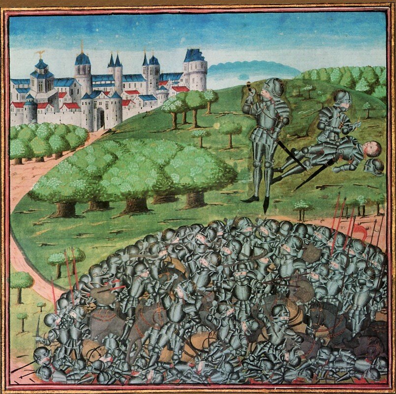 Roland dmie w róg, [w:] Kroniki Hainaut Źródło: Jean Wauquelin, , 1467, domena publiczna.