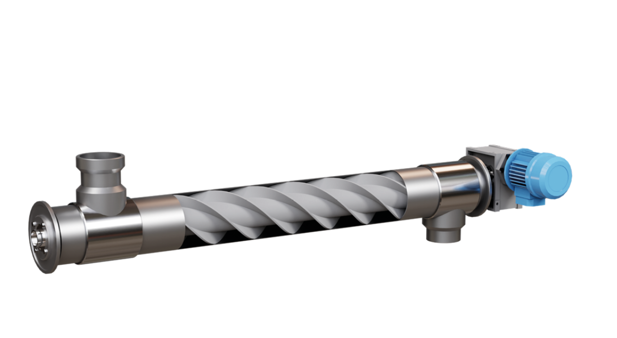 Na ilustracji jest mechanizm przenośnik ślimakowy. Jest to rura. Na jej początku, u góry znajduje się jeden otwór. Na jej końcu, u dołu mamy drugi otwór. Za otworem znajduje się niebieski zawór. Obudowa mechanizmu została odsłonięta. Otwór ukazuje blaszaną spiralę.