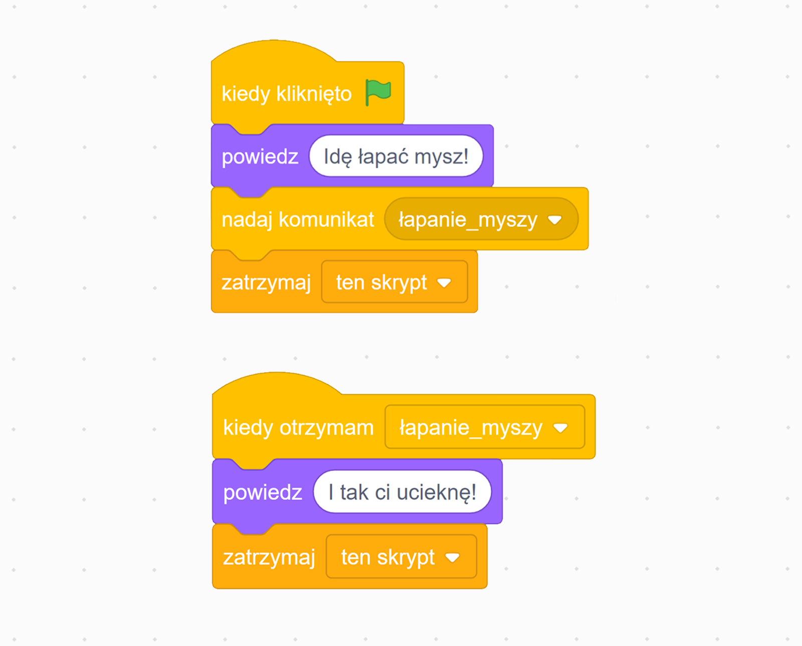 Zrzut ekranu przedstawia przykładowe skrypty: skrypt kota i skrypt myszy. Pierwszy skrypt składa się kolejno z bloków. Kiedy kliknięto i zielona strzałka. Powiedz z białym polem z napisem Idę łapać myszy. Nadaj komunikat z wybraną opcją łapanie_myszy. Zatrzymaj z wybraną opcją ten skrypt. Drugi skrypt składa się kolejno z bloków. Kiedy otrzymam z wybraną opcją łapanie_myszy. Powiedz z białym polem z napisem I tak Ci ucieknę. Zatrzymaj z wybraną opcją ten skrypt.