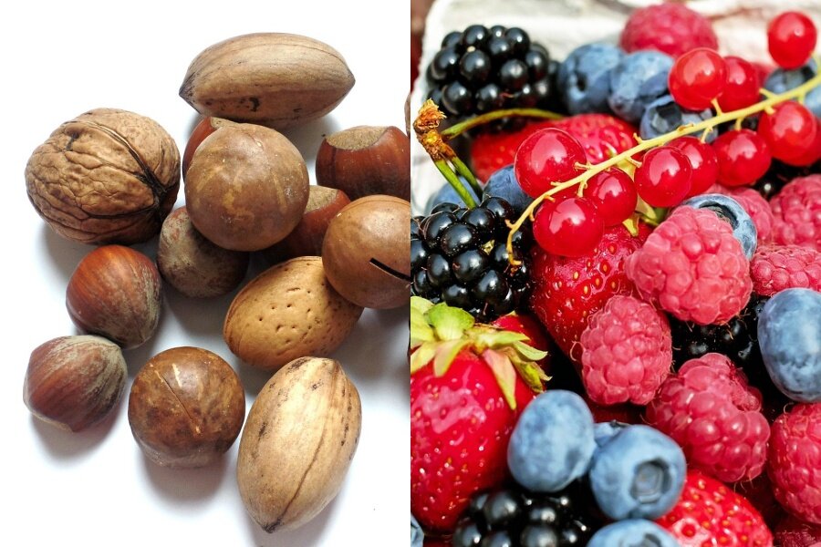 Dwa zdjęcia. Lewe przedstawia orzechy włoskie i laskowe, a prawe zdjęcia owoce malin, truskawek, borówki, czerwonej porzeczki oraz jeżyny.