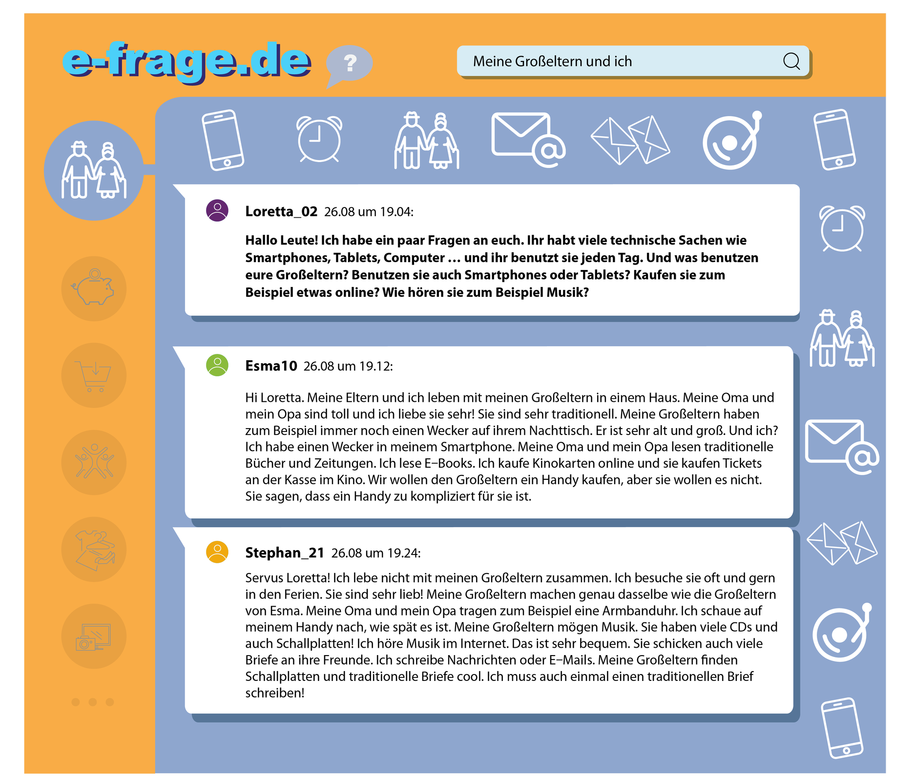 Ilustracja przedstawia rozmowę na forum internetowym. Transkrypcja jest dostępna poniżej.