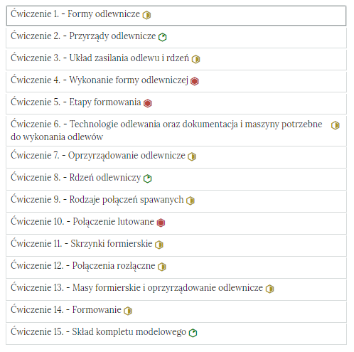 Zdjęcie przedstawia przykładowy wygląd zakładek zawierających interaktywne materiały sprawdzające. Składają się one z prostokątnych
paneli umieszczonych jeden pod drugim. Każdy panel posiada numer oraz tytuł, który nawiązuje do zawartego w nim zadania.