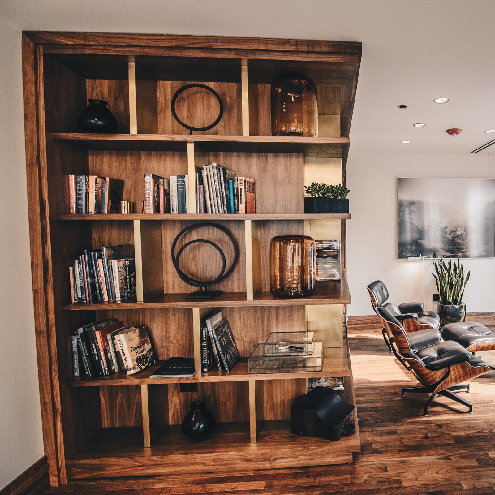 Ilustracja przedstawia wysoki regał z półkami w ciemnym kolorze. Na półkach stoją książki.