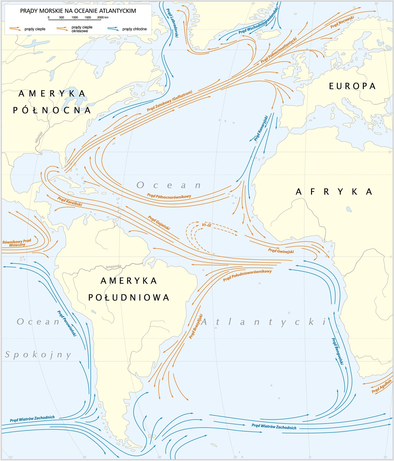 Na ilustracji mapa przedstawiająca prądy morskie na Atlantyku. Widoczne również cztery kontynenty. Ameryka południowa, Ameryka północna, Europa oraz afryka.
