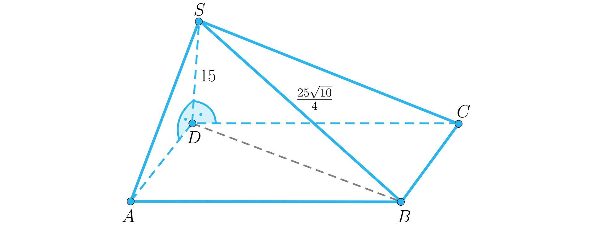 Ilustracja przedstawia ostrosłup o podstawie równoległoboku. Wierzchołki podstawy to A B C D. Wierzchołek ostrosłupa podpisano literą S. Krawędź boczna SD jest pod kątem prostym do krawędzi podstawy i ma długość piętnaście. W podstawie linią przerywaną zaznaczono jej przekątną BD. Krawędź boczna BS ma długość 25104.