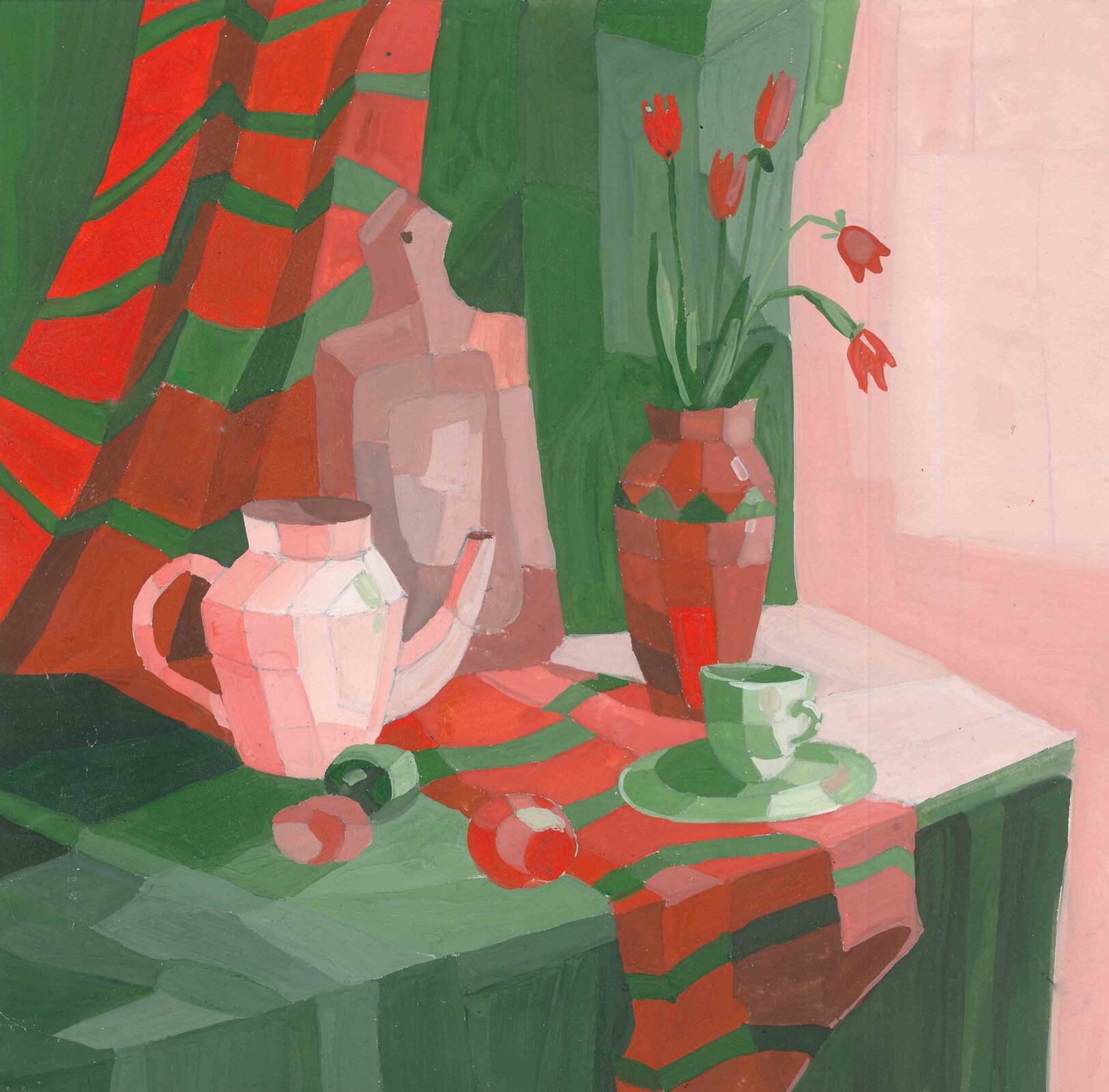 Ilustracja  przedstawia obraz „Wazon i naczynia na stole”. Praca ukazuje ułożoną na tle zielono‑czerwonej udrapowanej tkaniny, martwą naturę. Na blacie stołu stoi od lewej biały dzbanek do herbaty, deska do krojenia, czerwony wazon z zielonym ornamentem, w którym stoją tulipany, zielona filiżanka na zielonym spodku. Na blacie przed nimi leżą również dwa okrągłe, zielono‑czerwone owoce i korek do karafki. W tle, po prawej stronie obrazu znajduje się różowa ściana. Trójwymiarowość przedstawionych w kompozycji elementów ukazana została przy pomocy płaskich, trójkątnych, kwadratowych, prostokątnych elementów, które budują poszczególne przedmioty. Dzieło utrzymane jest w wąskiej gamie barw, która ogranicza się jedynie do zieleni, różów i czerwieni.