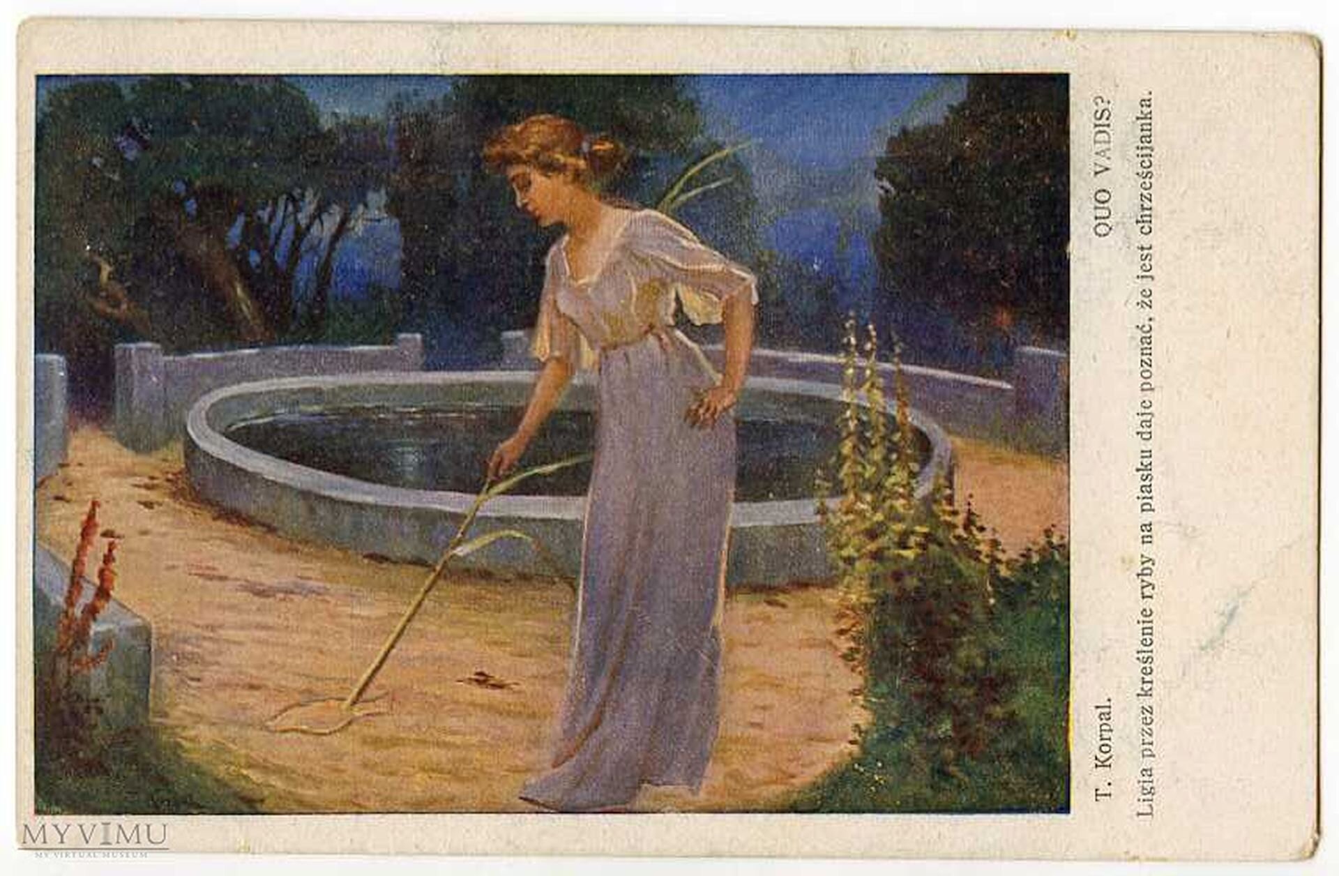 Ilustracja autorstwa Tadeusza Korpala pod tytułem: „Ligia rysuje rybę”. Na ilustracji widoczna jest młoda ciemnowłosa kobieta, ubrana w długą niebieska suknię. Jedną dłoń ma opartą o biodra, a w drugiej trzyma patyk, którym rysuje na piasku rybę. W tle widoczna jest fontanna oraz drzewa. 