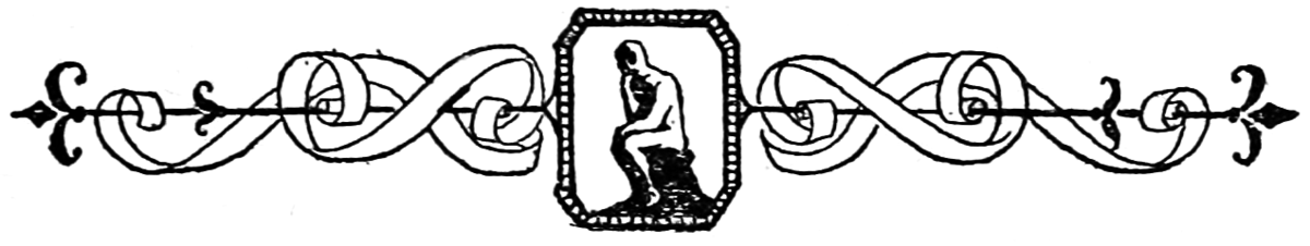 Ilustracja przedstawia na środku szkic człowieka siedzącego na kamieniu i podpierającego twarz ręką. Rysunek jest otoczony ramką, od której na prawo i lewo wychodzą symetrycznie wstążki i linie tworzące zdobienie.