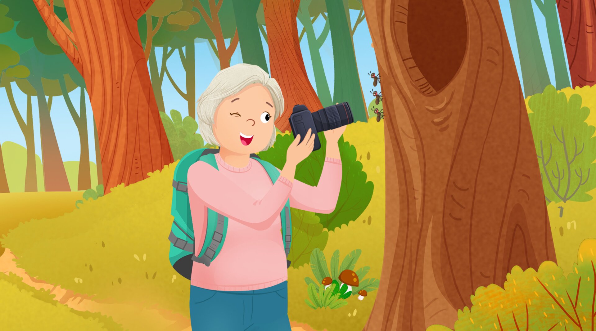 Na ilustracji znajduje się kobietę z aparatem fotograficznym.