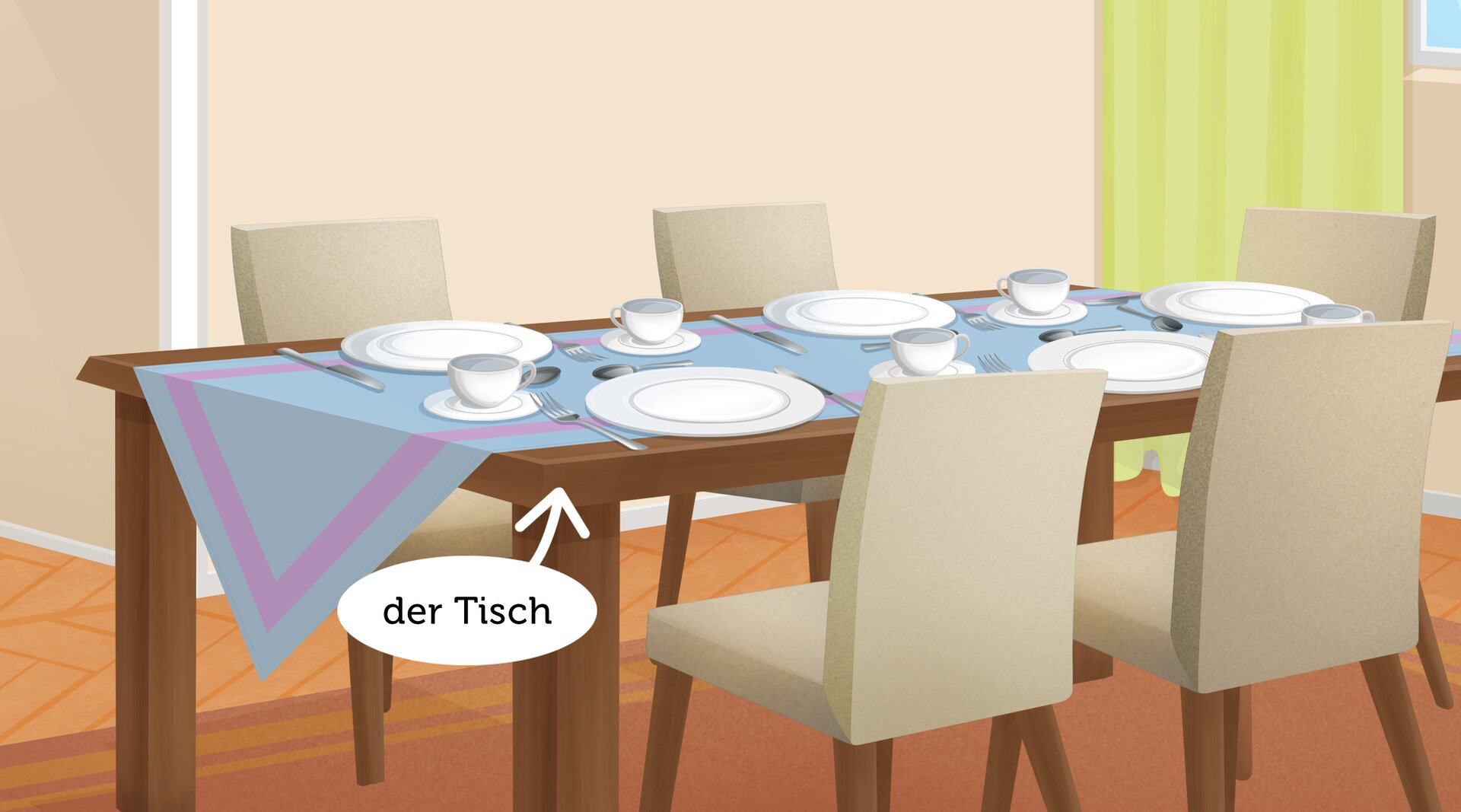 Ilustracja przedstawia zastawiony stół. Obok niego widoczny jest podpis. der Tisch. Po kliknięciu w tekst odtwarza się nagranie dźwiękowe.
