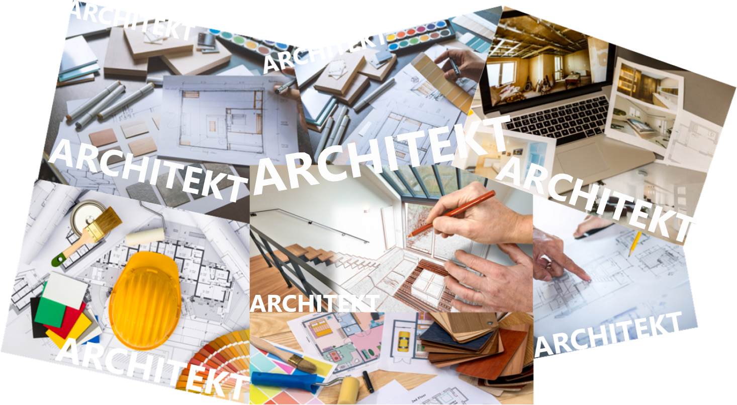 Fotografia jest zlepkiem kilku ujęć, przedstawiających warsztat architekta; plany, rysunki techniczne, projekty na papierze, ręka trzymająca przybory kreślarskie, klawiatura komputera, kask ochronny. Na kolaż nałożony został wielokrotnie wyraz "Architekt" różnej wielkości, pisany jasną czcionką, drukowanymi literami.