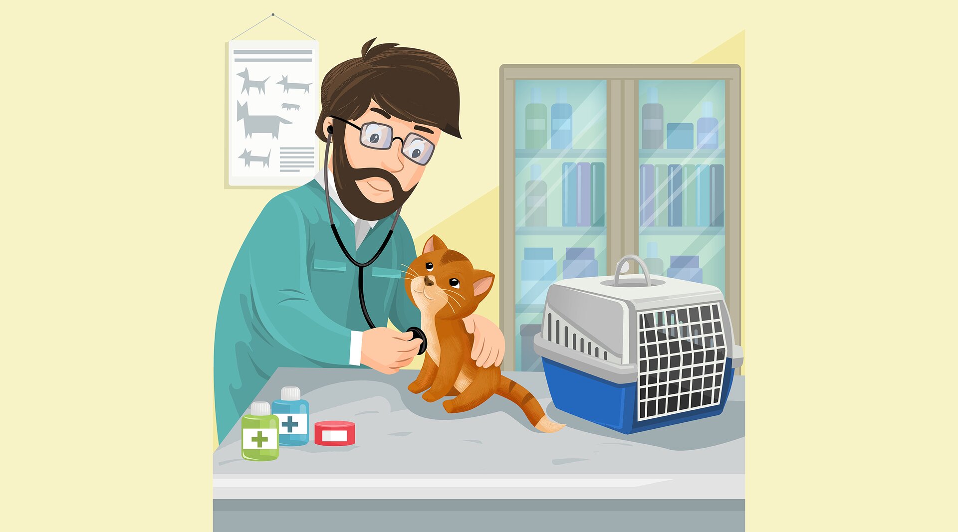 Na ilustracji znajduje się weterynarz, który bada kota.